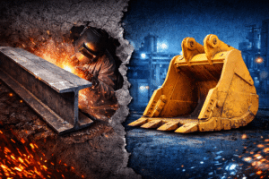 Imagem comparativa entre aço carbono e aço de alta resistência, mostrando diferença visual de desgaste, robustez e aplicação industrial.