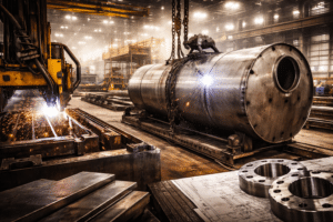 Fabricação industrial de caldeiraria pesada com soldagem automatizada, tanque metálico de grande porte e equipamentos CNC em operação