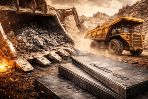 Componentes de aço antidesgaste em operação na mineração, com caçamba de escavadeira, chapas robustas e caminhão fora de estrada.