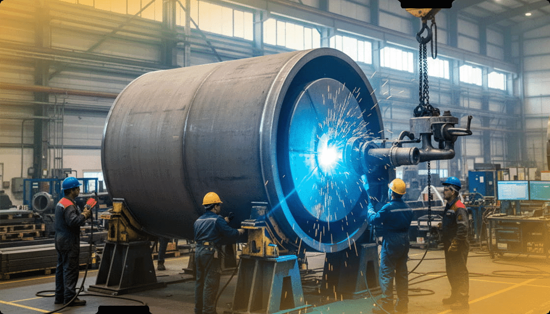 Engenheiras técnicas analisando desenhos e especificações em um tablet ao lado de um bico de pato (caçamba) de grande porte fabricado em aço verde, dentro de um galpão industrial.